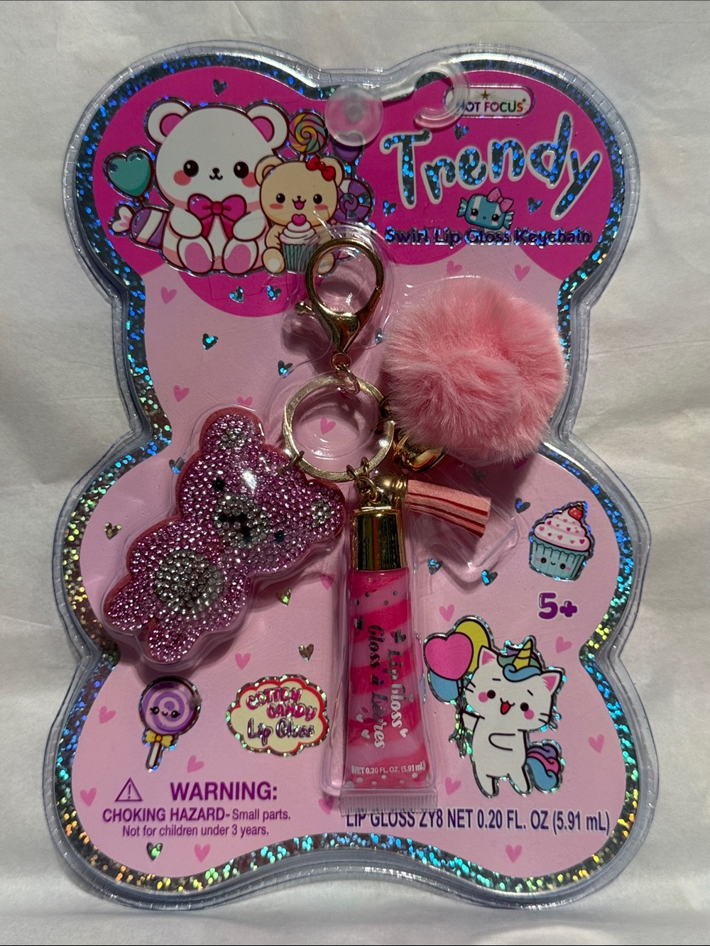 Kids Pink Lip Gloss Keychain with Pom Pom and Bear Charm